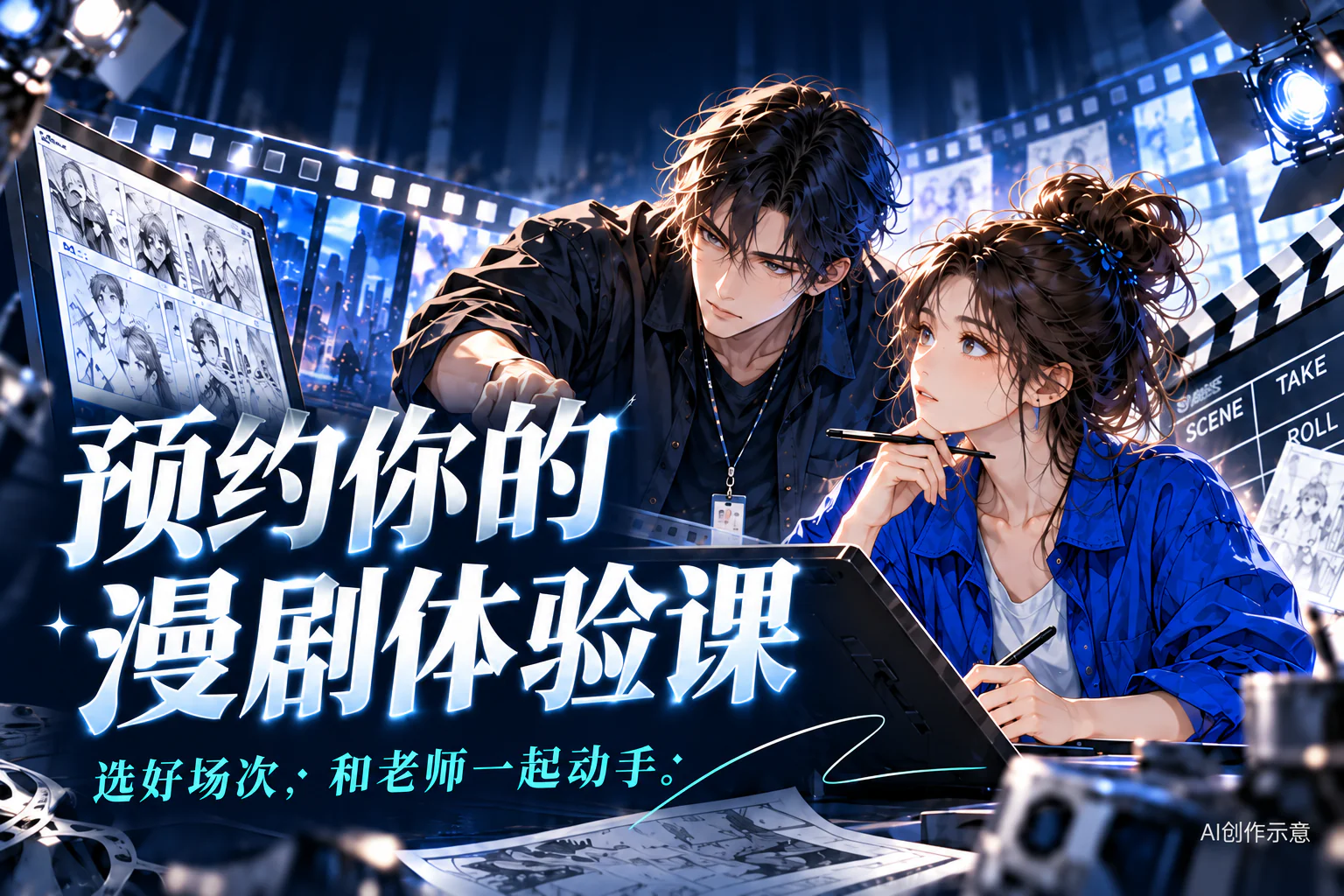 预约你的漫剧体验课。选好场次，和老师一起动手。蓝银电影工作室中的老师和学员，AI创作示意